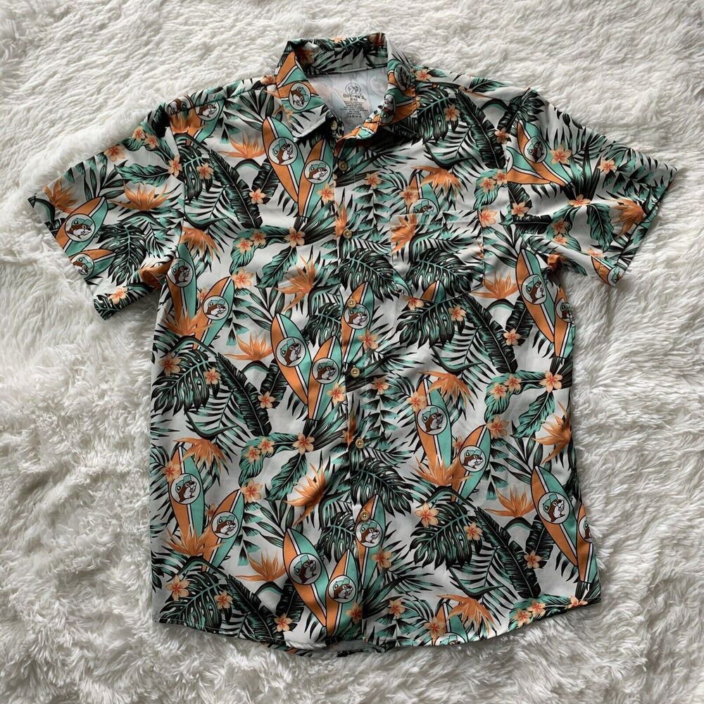 Buc-ees Hawaiian Shirt Mens Large Button Down Tropical Print Bucees Beaver Sz S